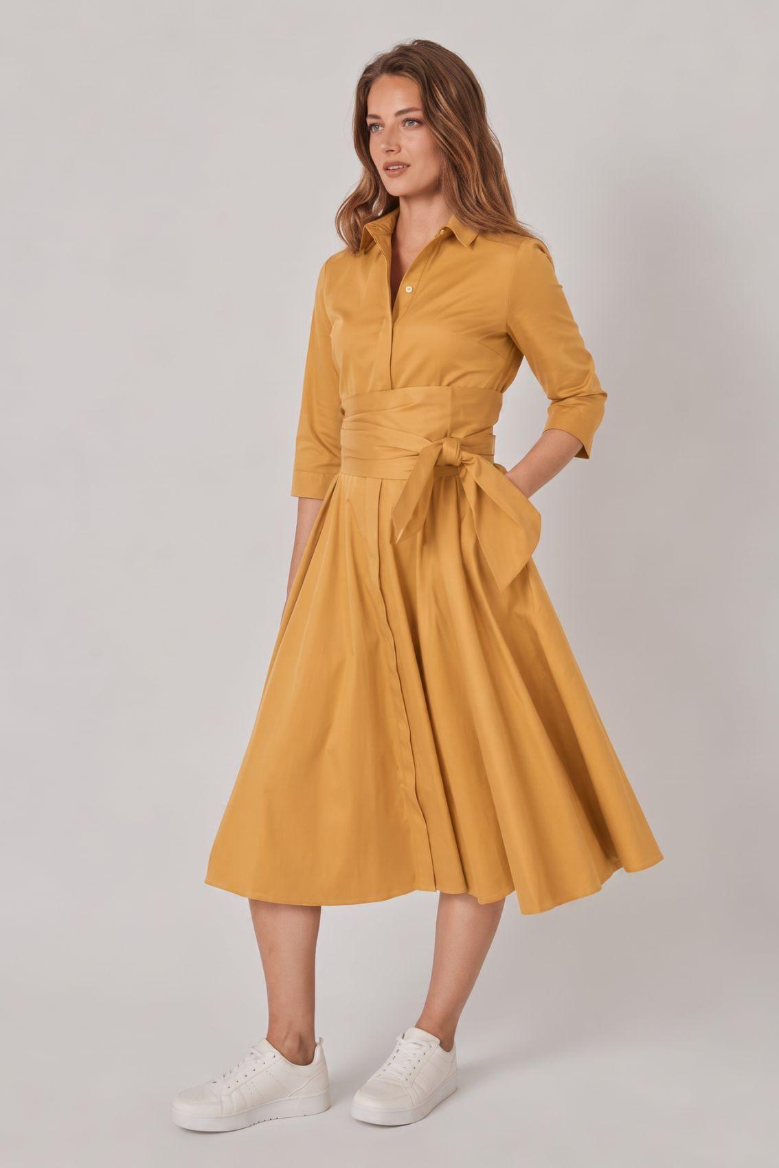 Satin Shirt Dress with Tie Belt Honey