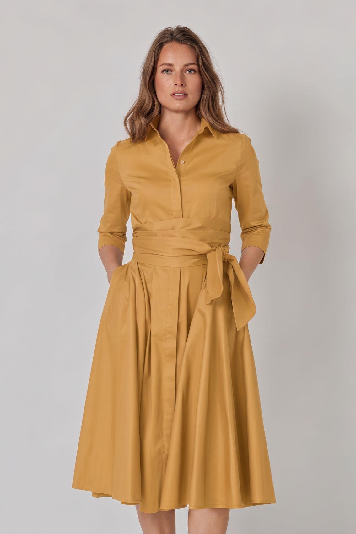 Satin Shirt Dress with Tie Belt Honey