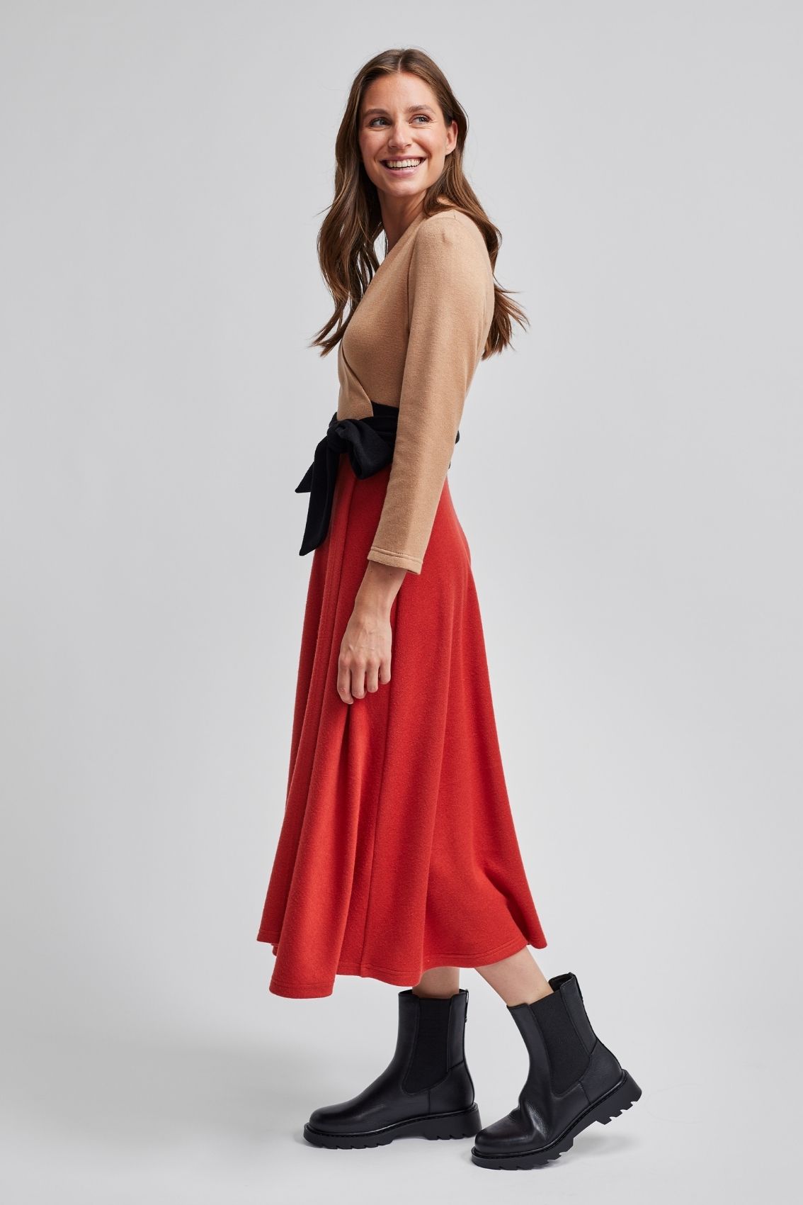 Strick Wickelkleid Karamell-Rot