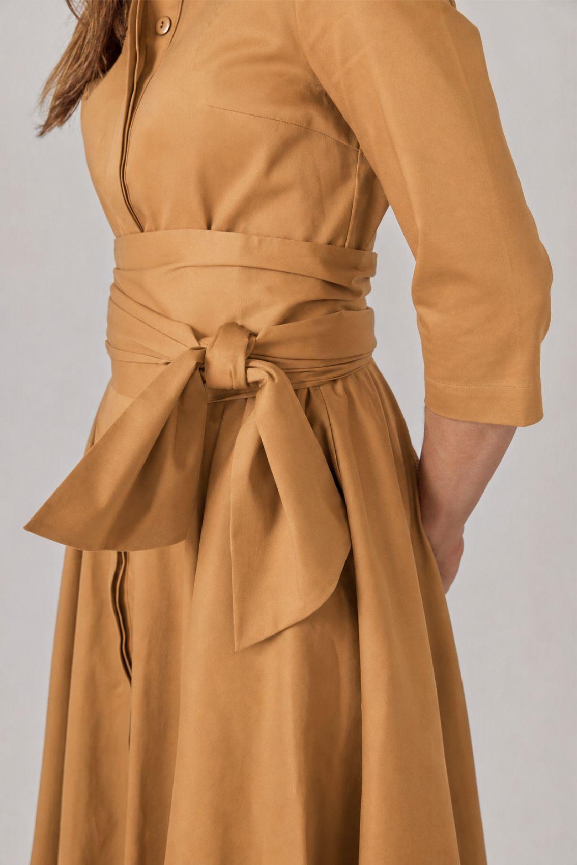 Satin Shirt Dress with Tie Belt Honey