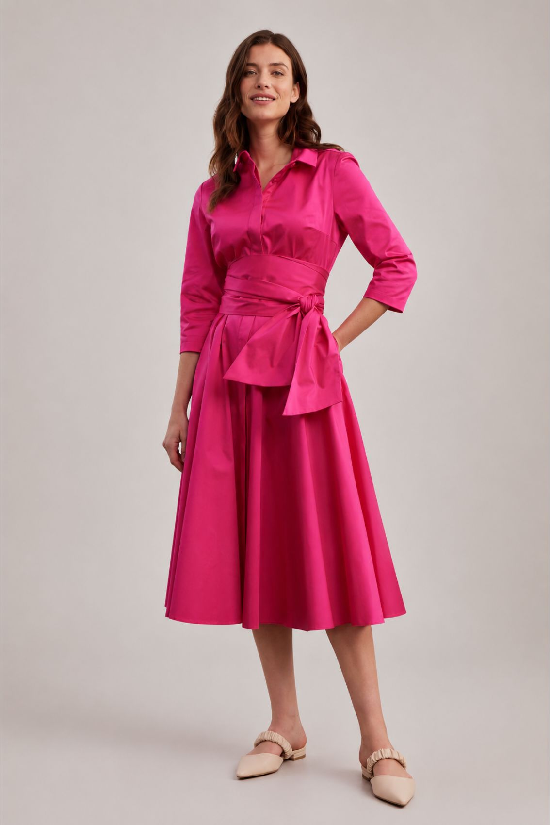 Satin-Blusenkleid mit Bindegürtel Pink
