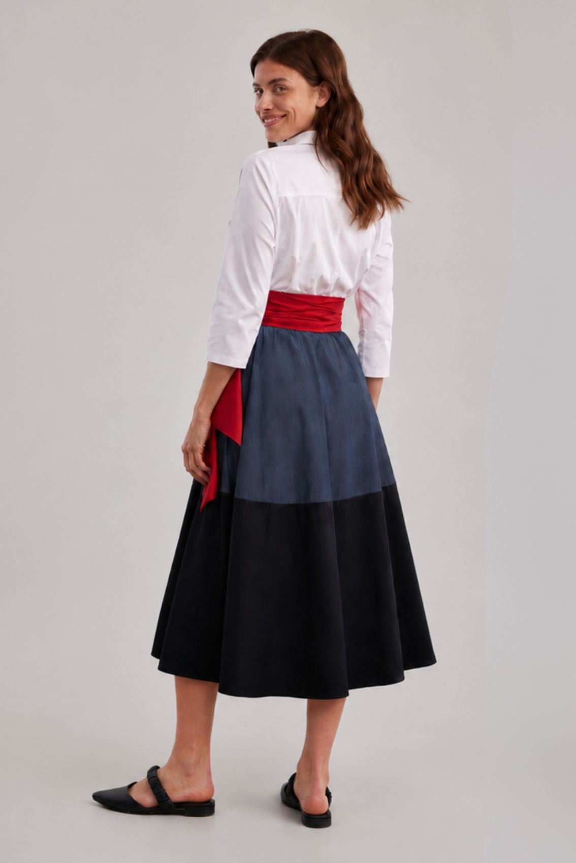 Blue-Black Colorblock Shirtdress With Tie Belt