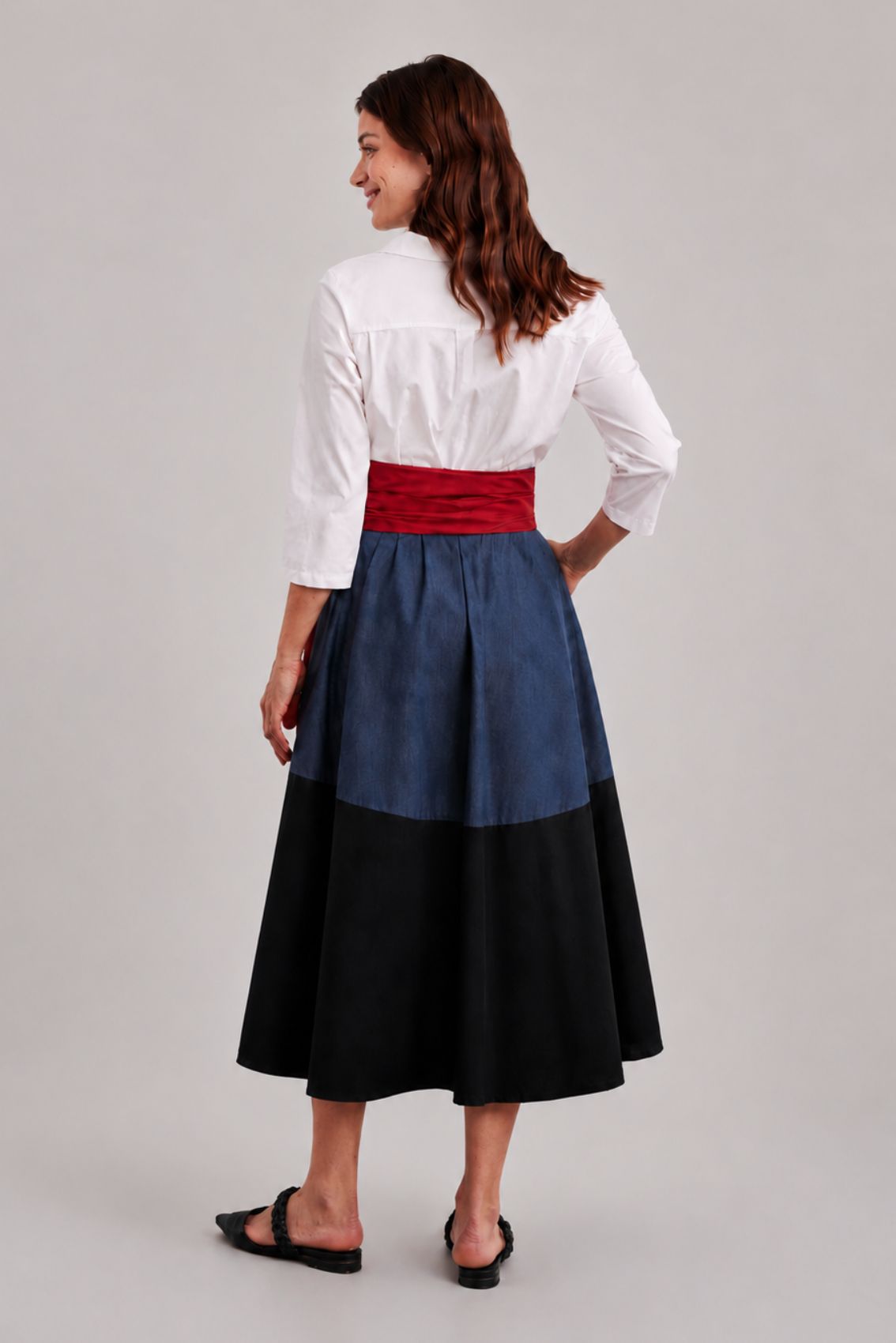 Blue-Black Colorblock Shirtdress With Tie Belt