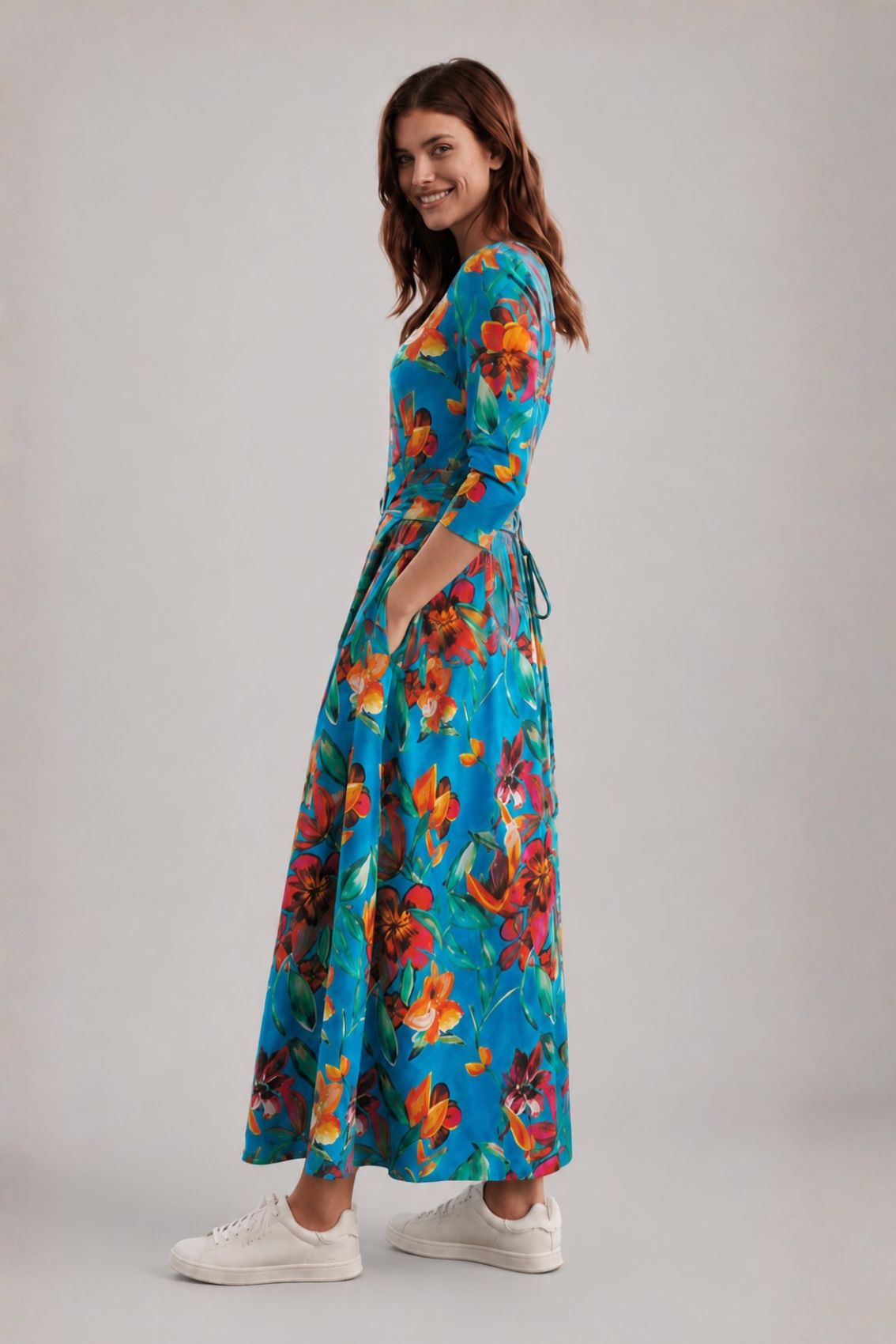 Floral Print Maxi Dress with Detachable Wide Belt