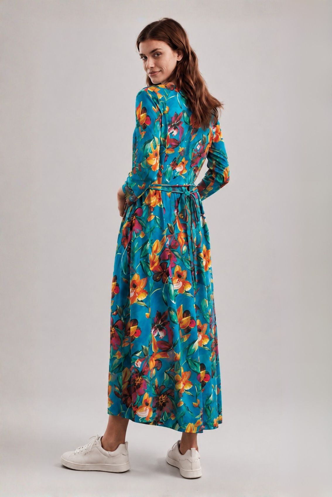 Floral Print Maxi Dress with Detachable Wide Belt
