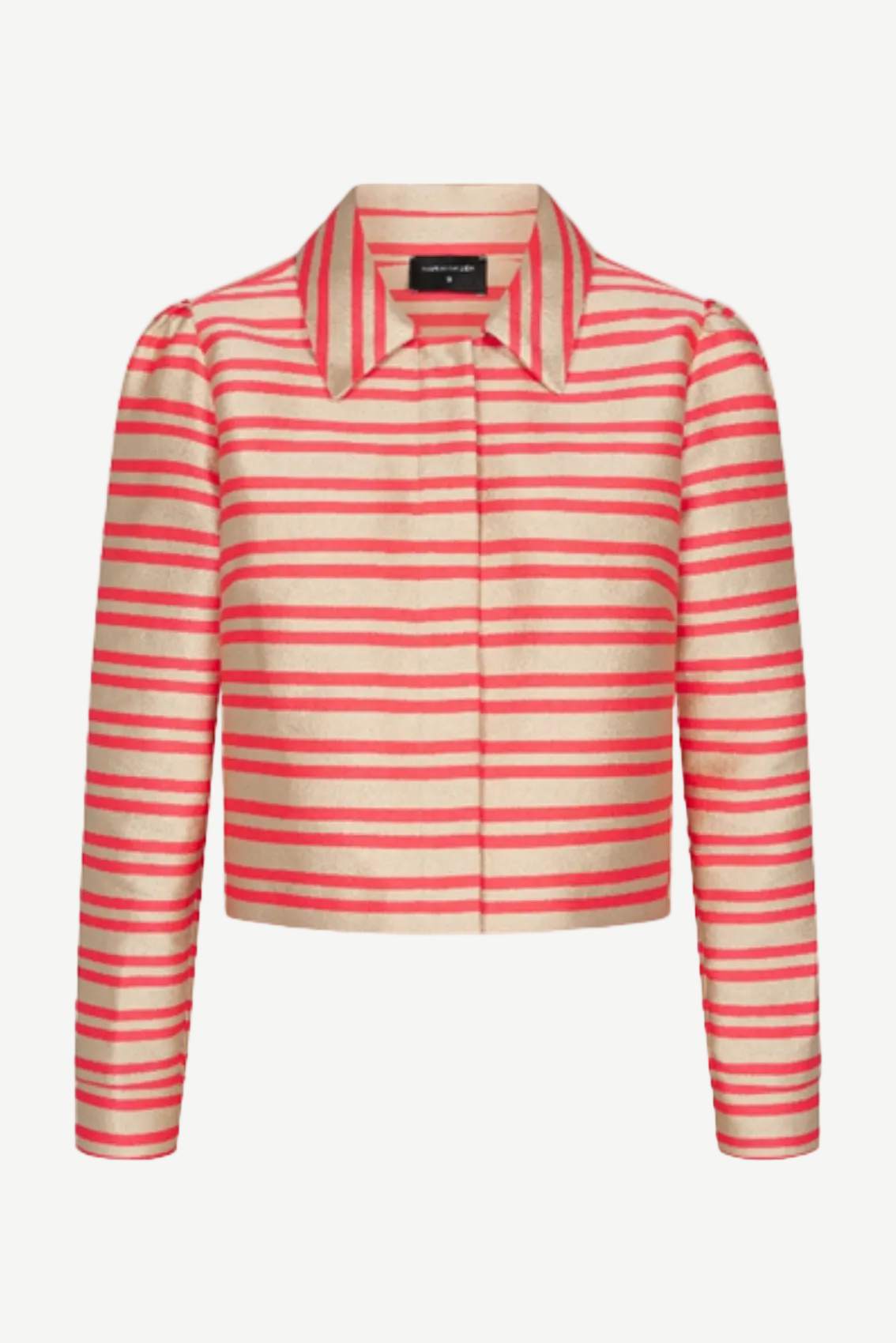 Gold-orange gestreifte Kurzjacke mit Kragen und verdeckter Druckknopfleiste, Frontansicht.