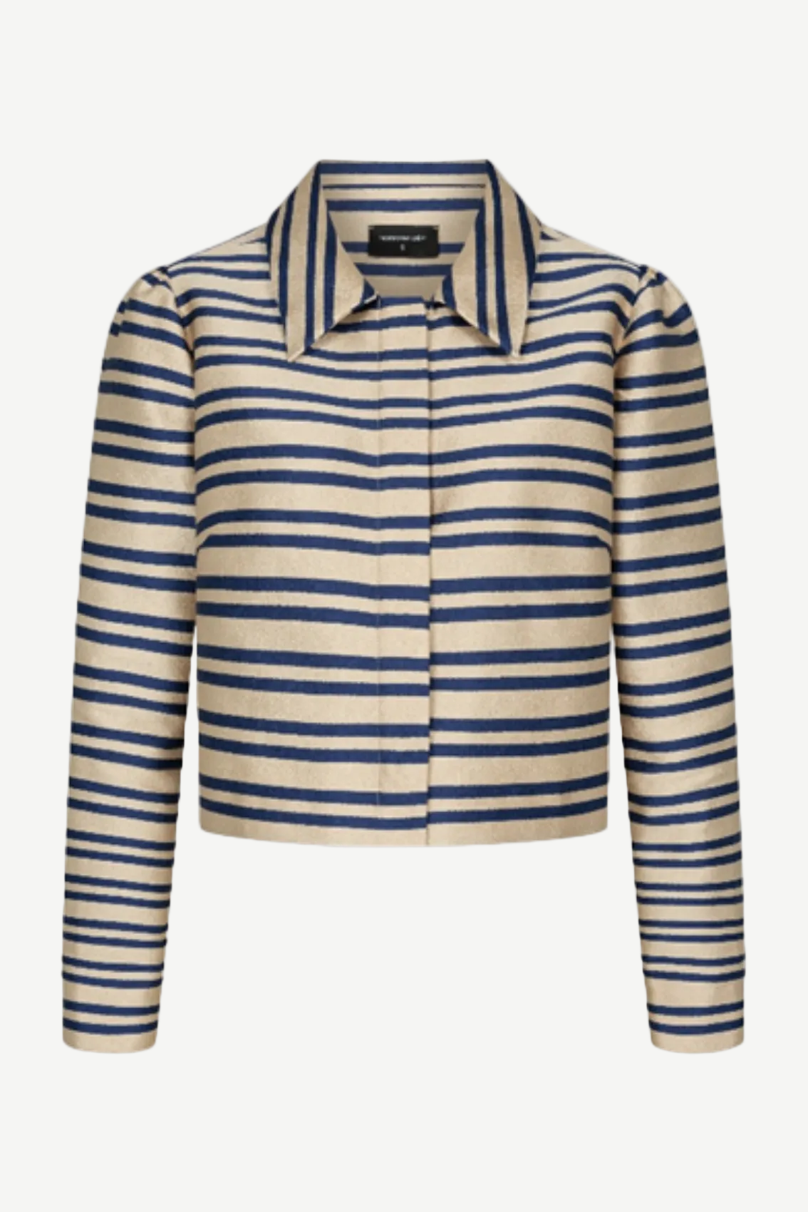 Kurzjacke mit Streifen Gold-Blau, Frontansicht mit Kragen und verdeckter Leiste.