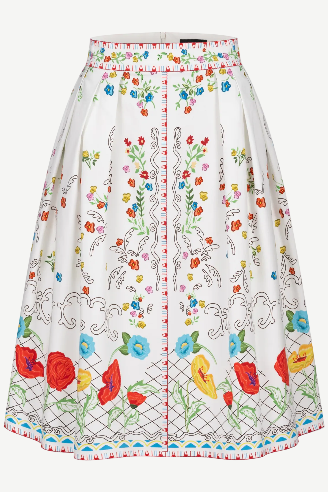 Midirock mit Blumenprint mit tailliertem Bund und Seitentaschen, Frontansicht.