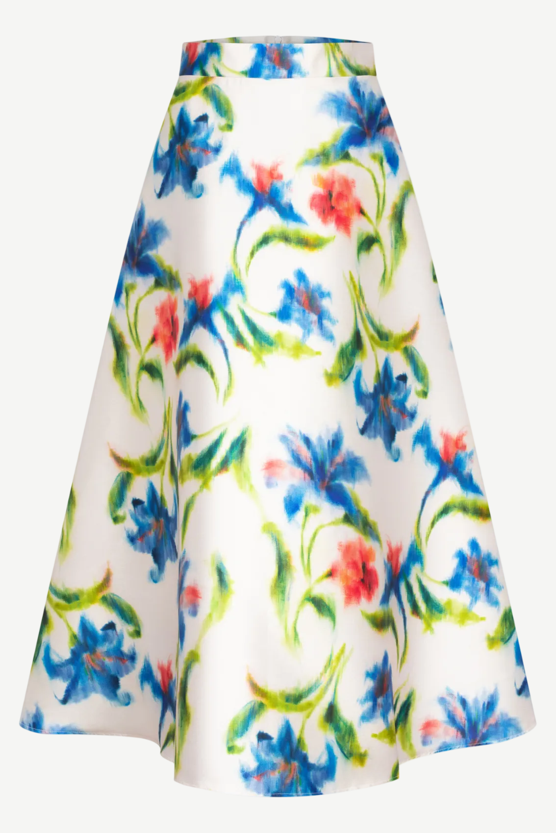 Detail am Midirock „Kornblumenprint“: breiter Bund und glatter, leicht glänzender Stoff-Look.