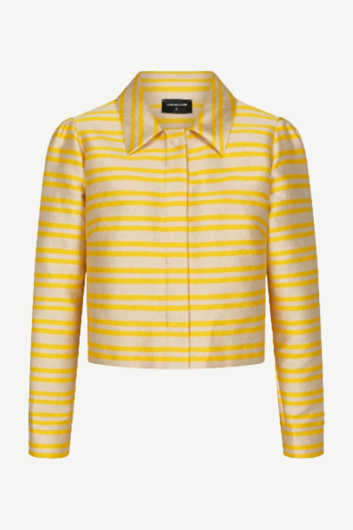 Kurzjacke mit Streifen in Gold-Gelb, cropped Länge, Kragen und verdeckter Frontleiste.
