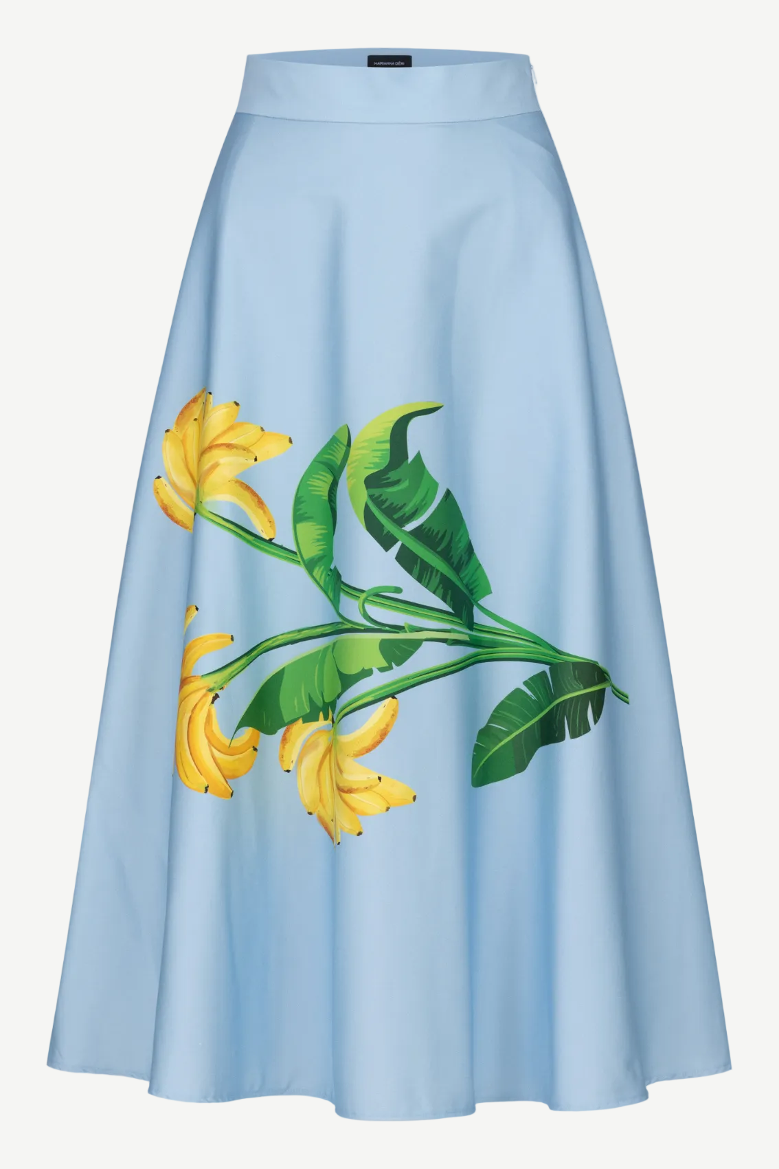 Hellblauer Midirock mit Bananen-Print, A-Linie, hoher Bund und schwingender Saum.