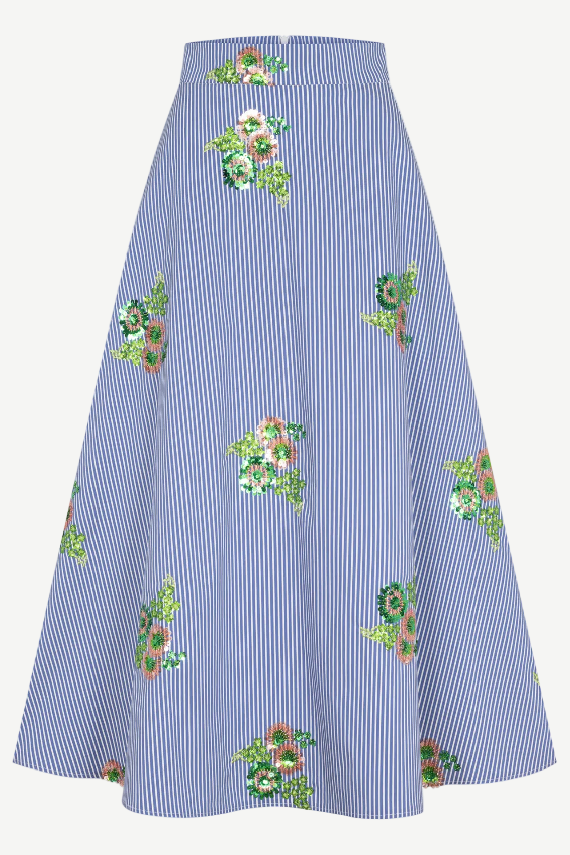 Detailaufnahme der Paillettenblüten auf blau-weißen Streifen am Midirock, Struktur und Schimmer sichtbar.