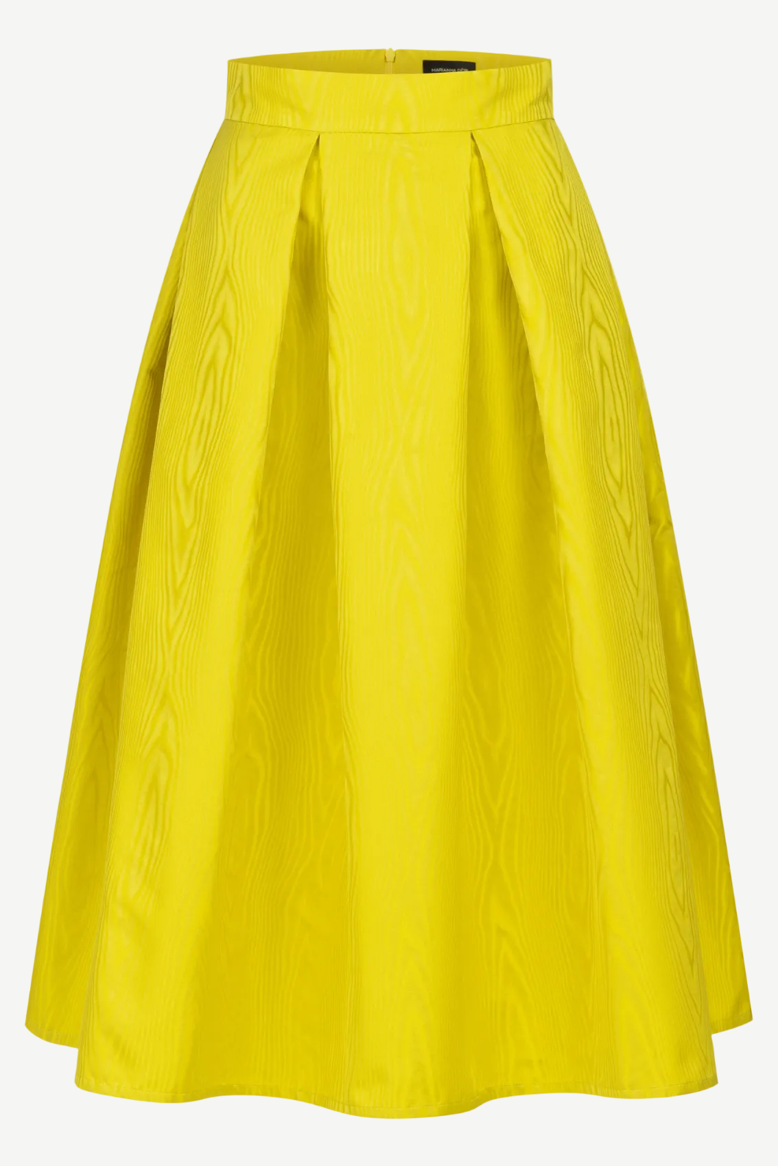 Midirock in Lemon mit Kellerfalten, Frontansicht mit ausgestellter Silhouette und Seitentaschen.