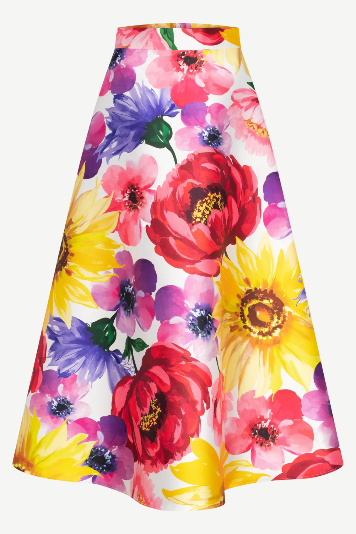 Midirock Sommerblumen, floraler Print mit mehrfarbigen Blüten auf hellem Grund, leicht glänzende Oberfläche.