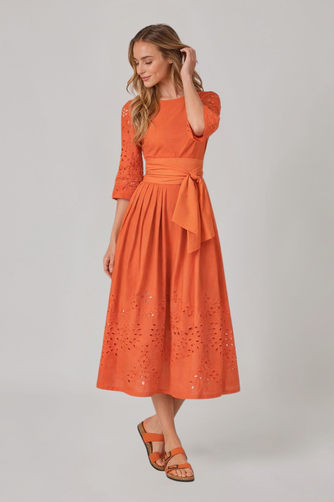 Midi Dress with Broderie Anglaise and Tie Belt Orange