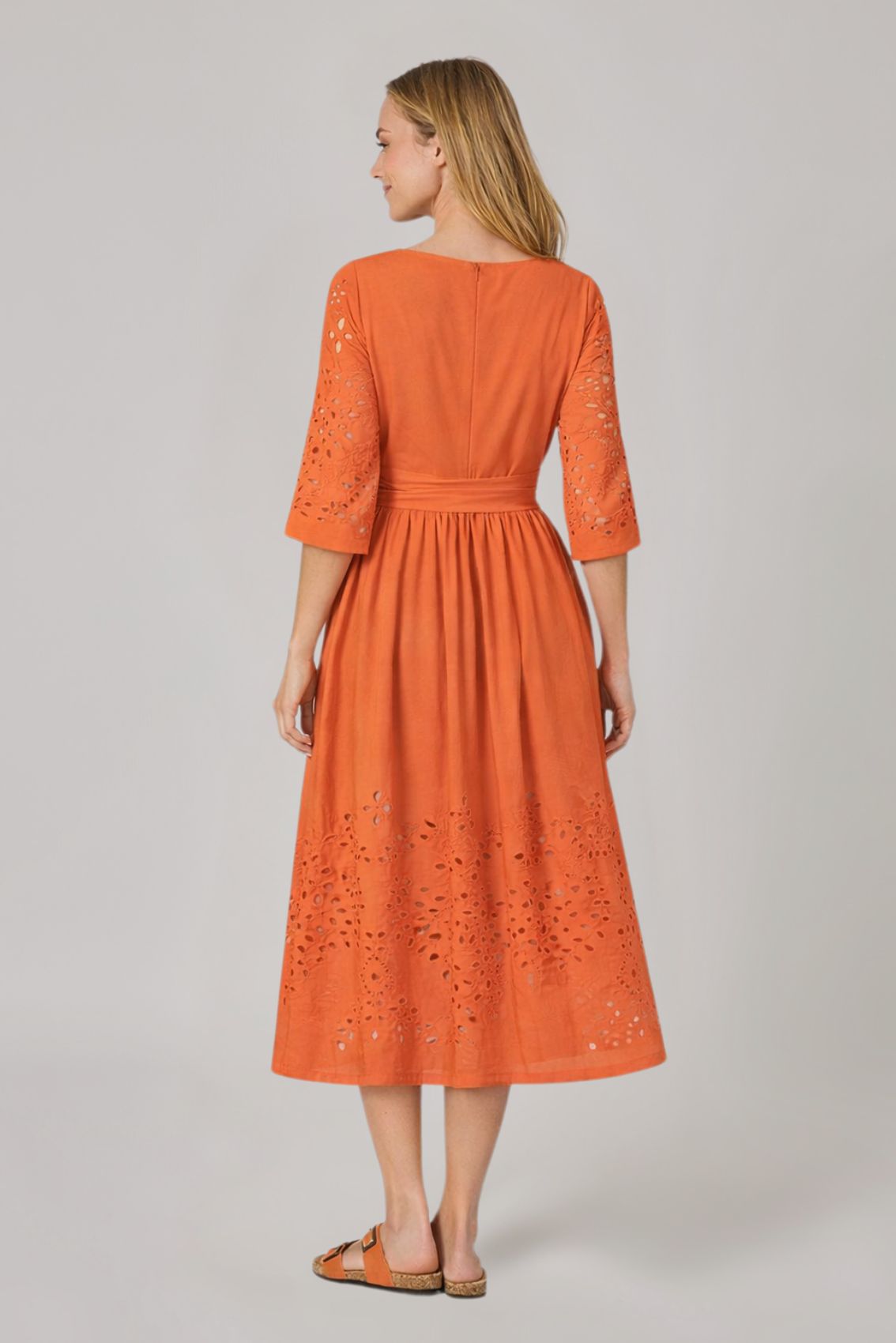 Midi Dress with Broderie Anglaise and Tie Belt Orange