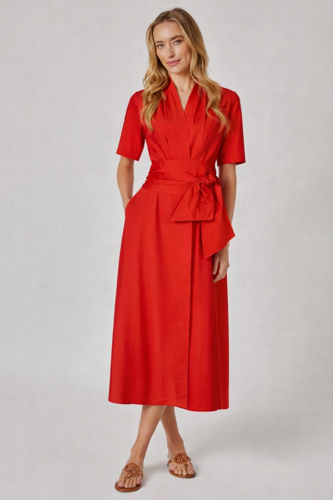 Blusenkleid mit abnehmbarem breiten Gürtel Rot