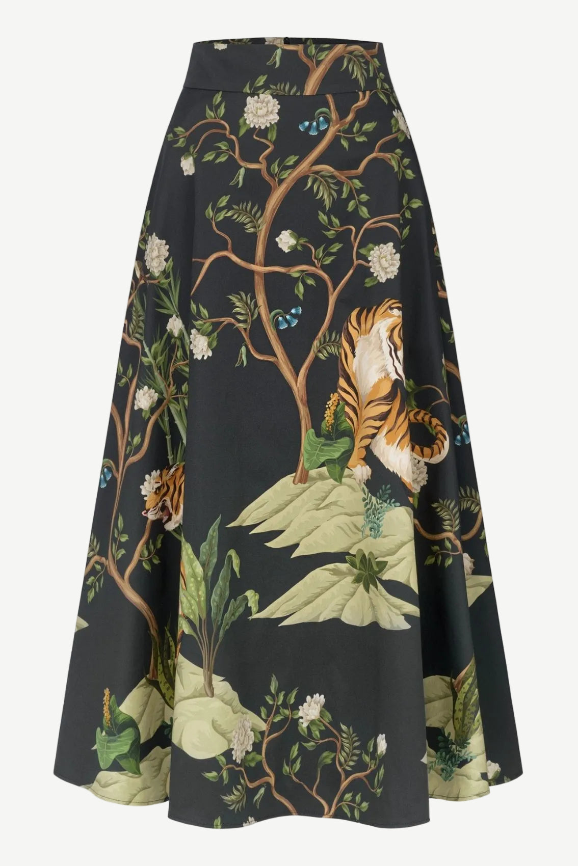Detailansicht des Tiger-Prints mit floralen Elementen, feinen Ästen und kontrastreichem Musterverlauf.