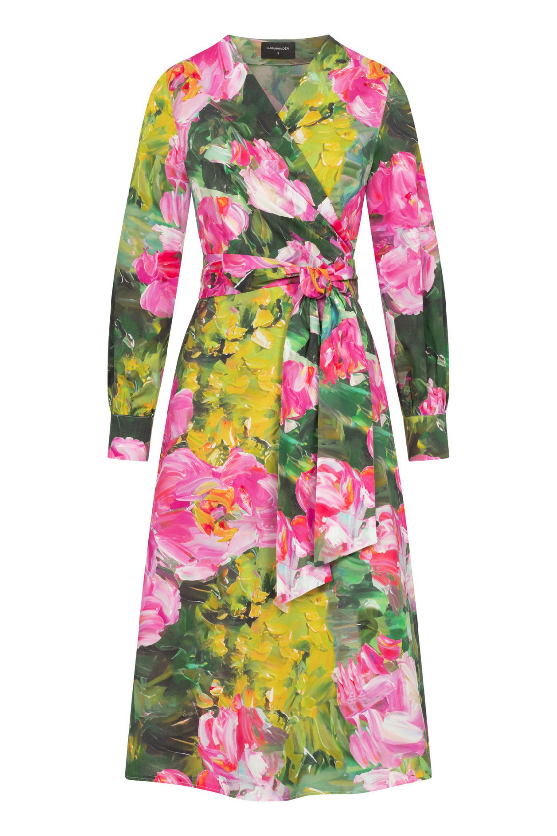 Wickelkleid Seerose als Packshot, Frontansicht mit Bindegürtel, V-Ausschnitt und floralem Muster.