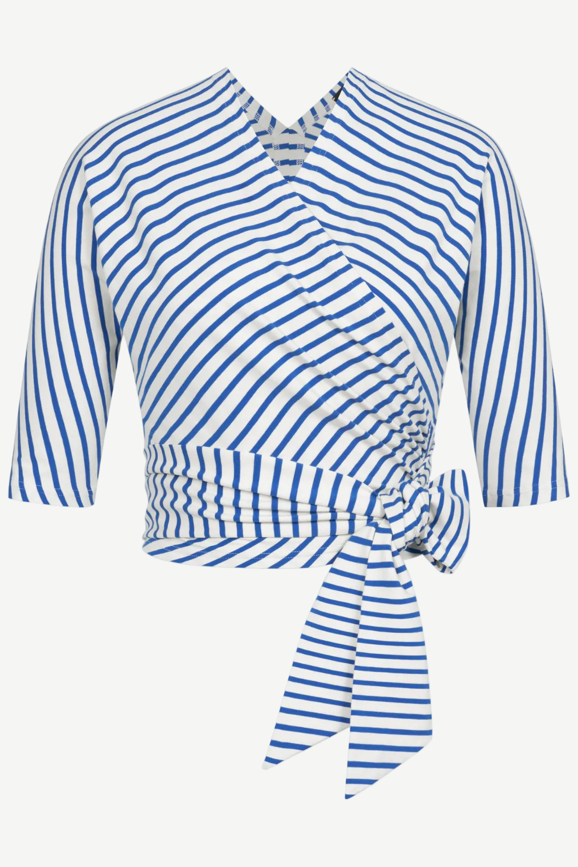 Wickeltop blau-creme gestreift: Wickelpartie mit diagonalen Streifen und Bindeband.