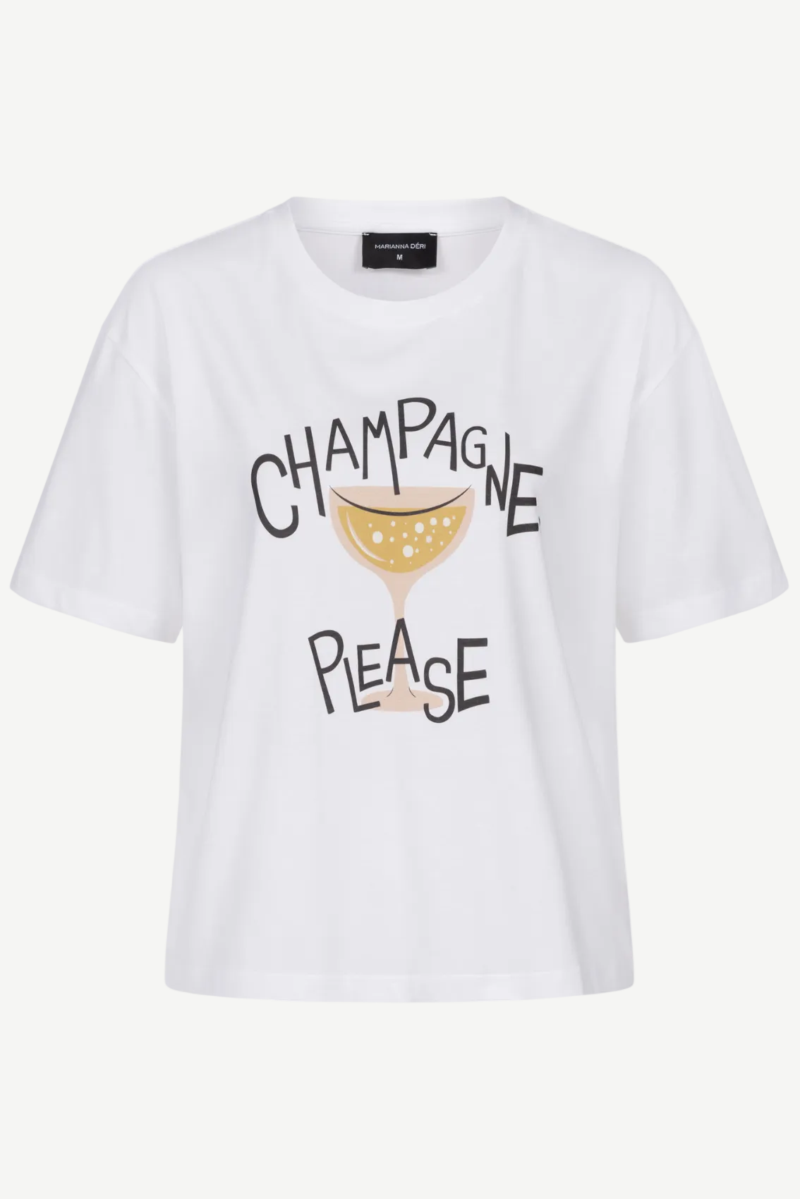 Weißes T-Shirt mit Rundhalsausschnitt und kurzem Arm, Frontansicht mit „Champagne Please“-Print und Glasmotiv.