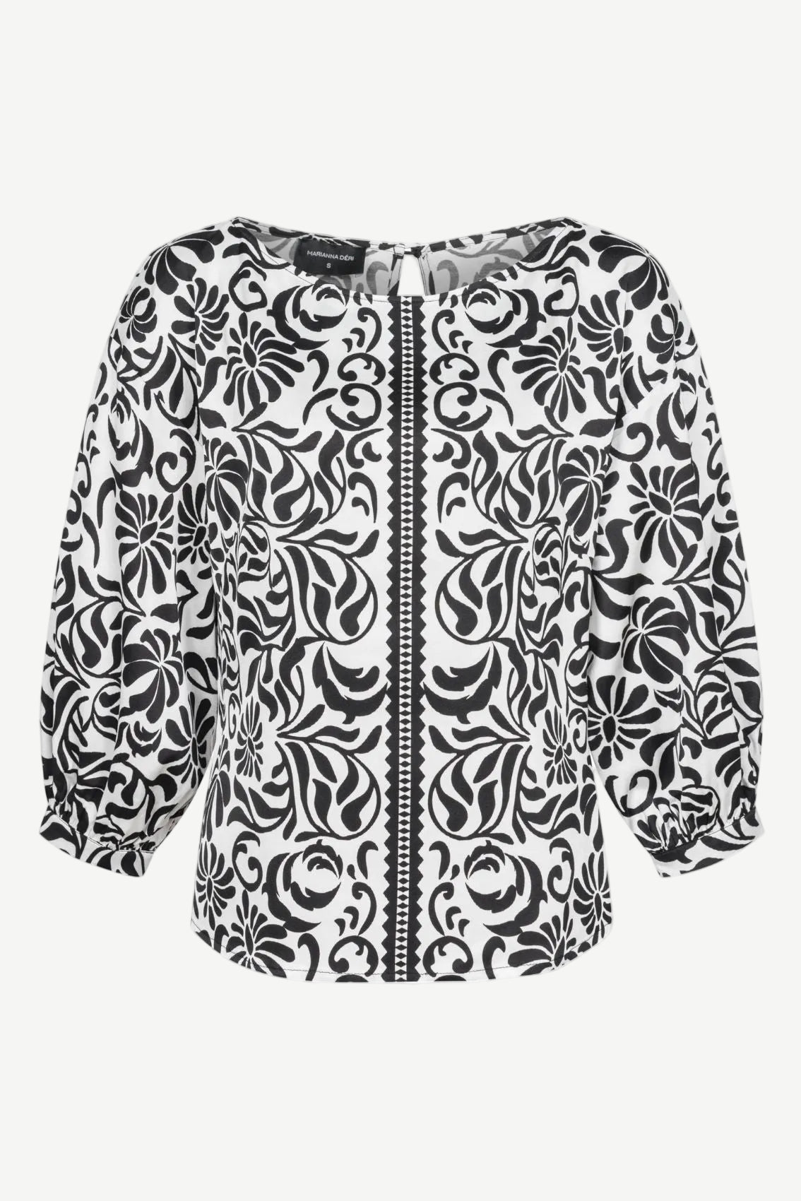 Black and White Blouse with Decorative Floral Print