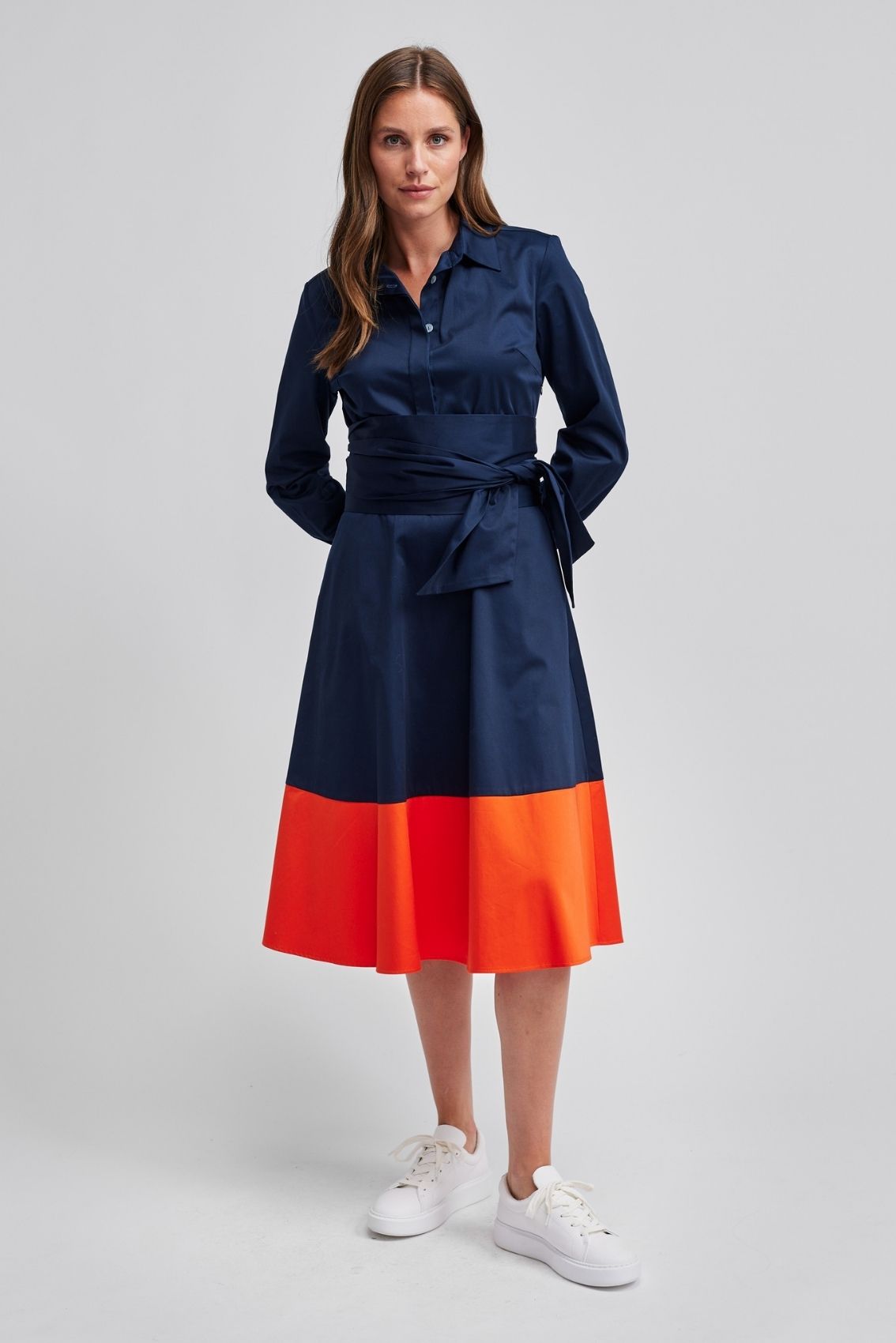 Blusenkleid mit Bindegürtel Navy-Orange