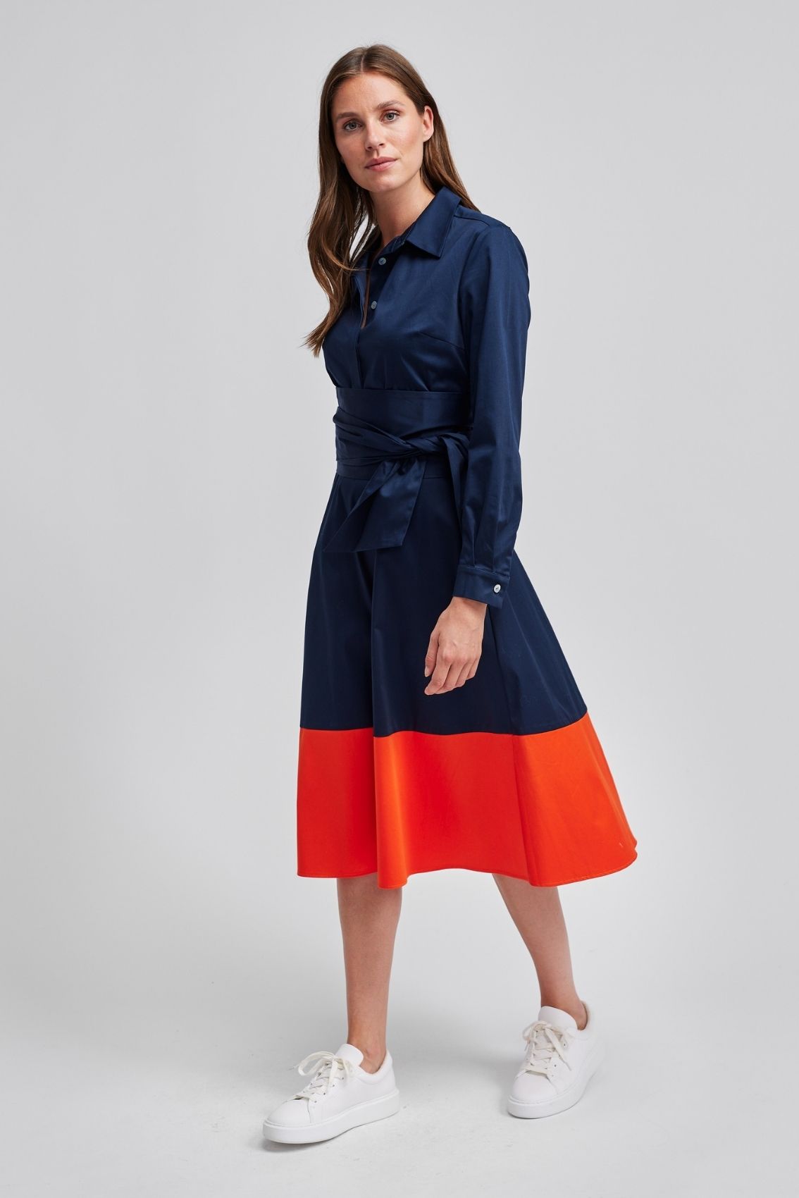 Blusenkleid mit Bindegürtel Navy-Orange