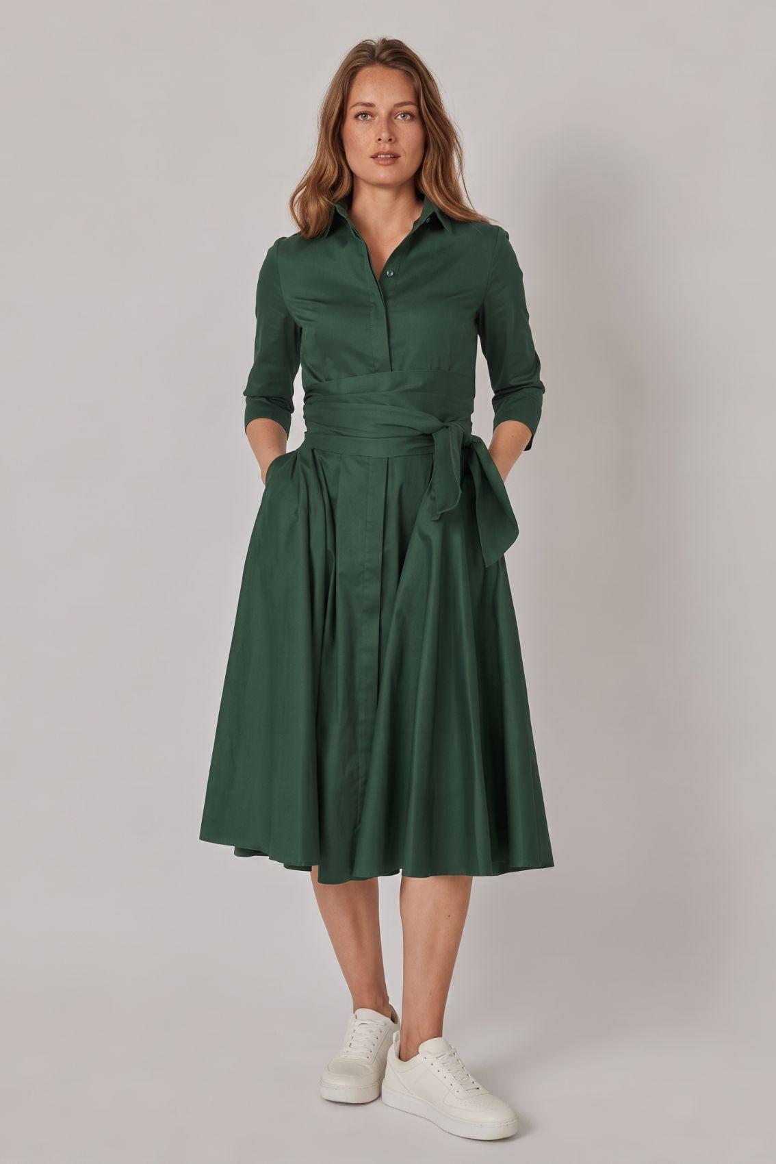 Satin Shirt Dress with Tie Belt Sage Green