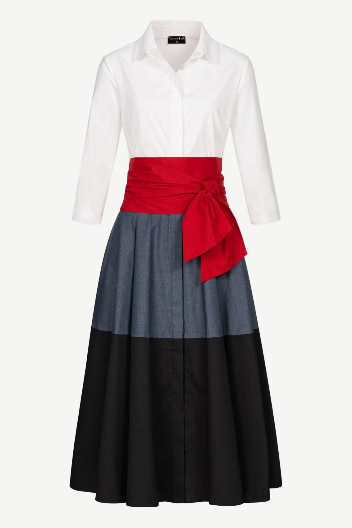 Blusenkleid mit Bindegürtel, verdeckter Knopfleiste und Colorblock-Rock, Frontansicht