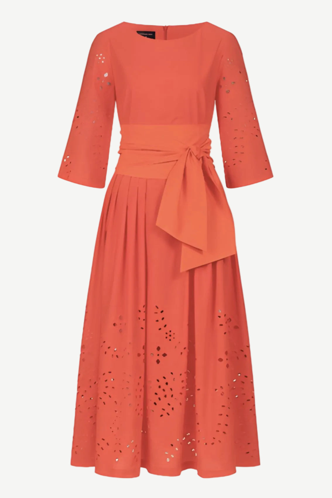 Midi Dress with Broderie Anglaise and Tie Belt Orange