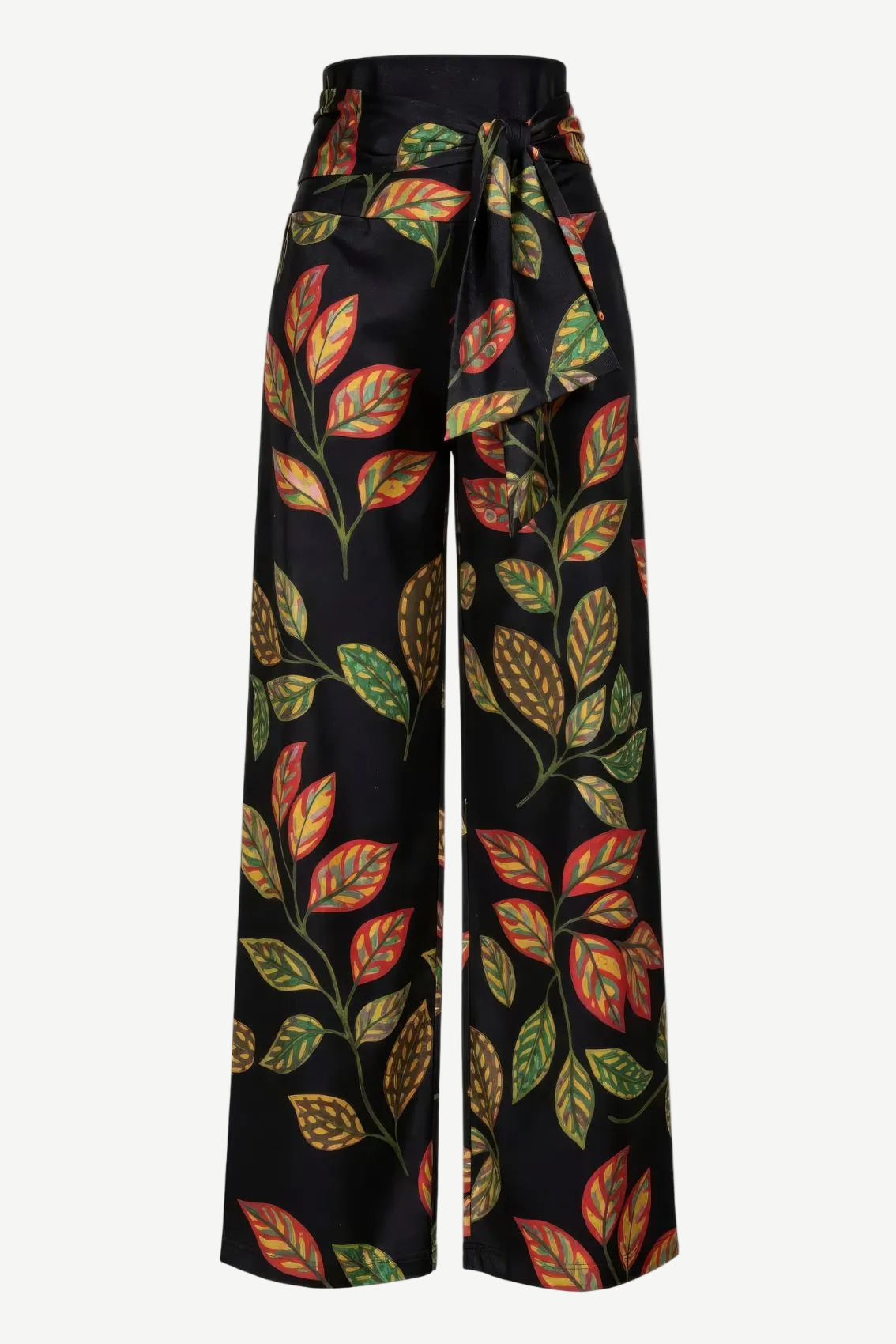 Weite Hose mit Bindegürtel Blätterprint Schwarz