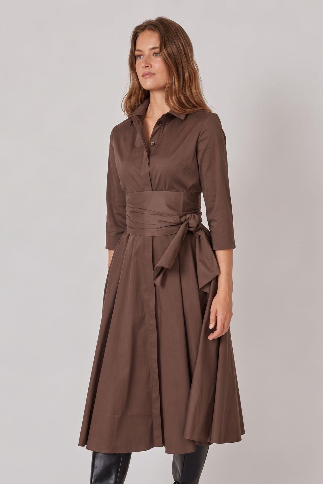Satin Shirt Dress with Tie Belt Cappuccino