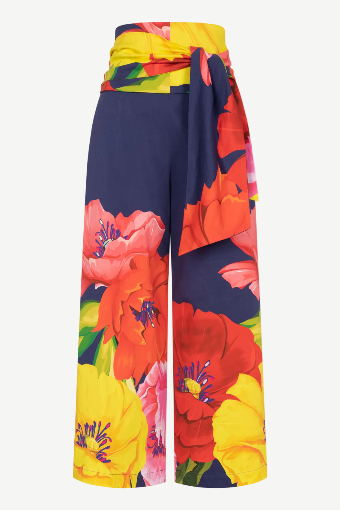 Dunkelblaue High-Waist Hose mit Bindegürtel und großflächigem Blumenprint, Packshot Frontansicht.
