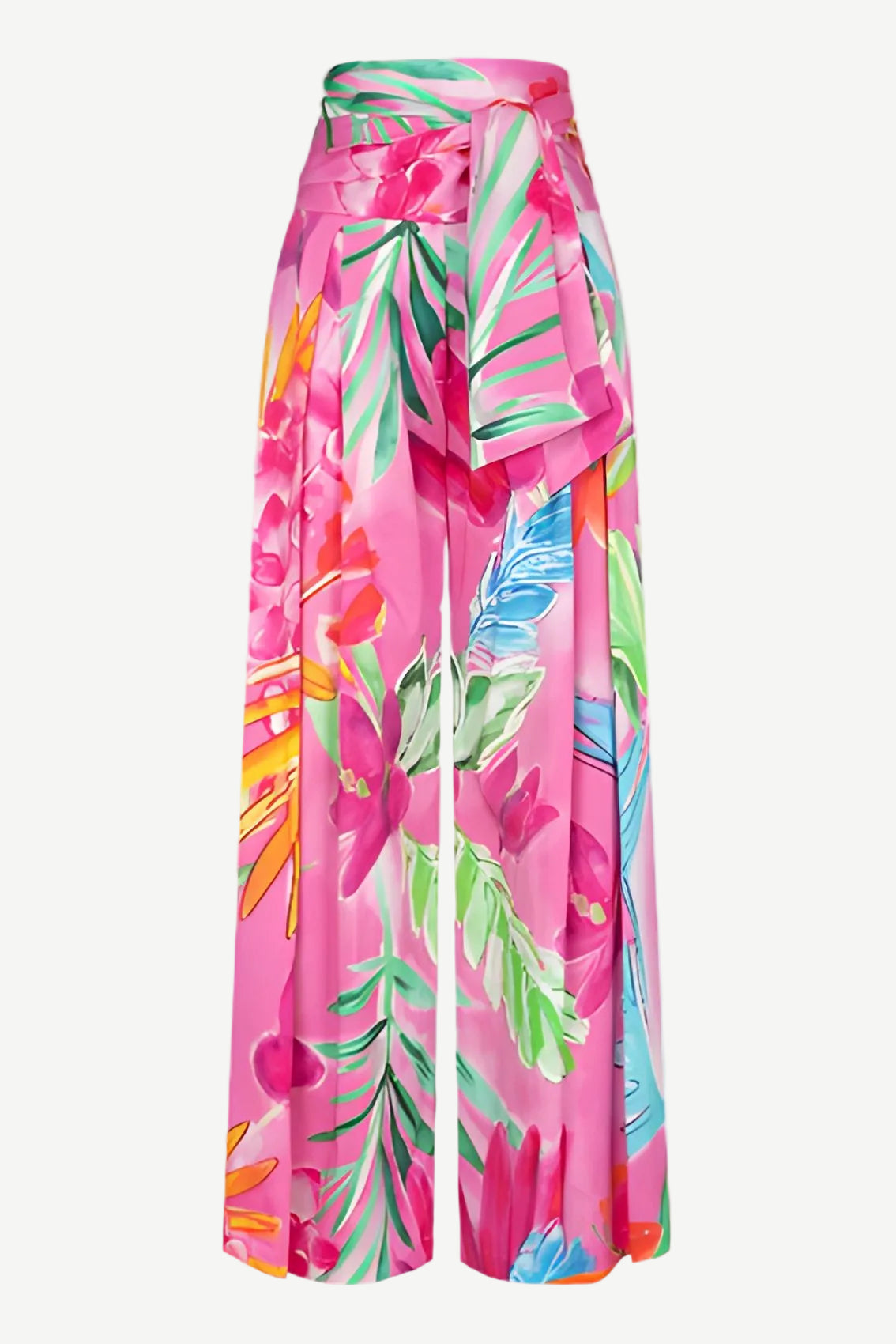 Packshot: pinke, weit geschnittene Hose mit floralem Print und hohem Wickelbund mit Bindeschärpe, Vorderansicht.