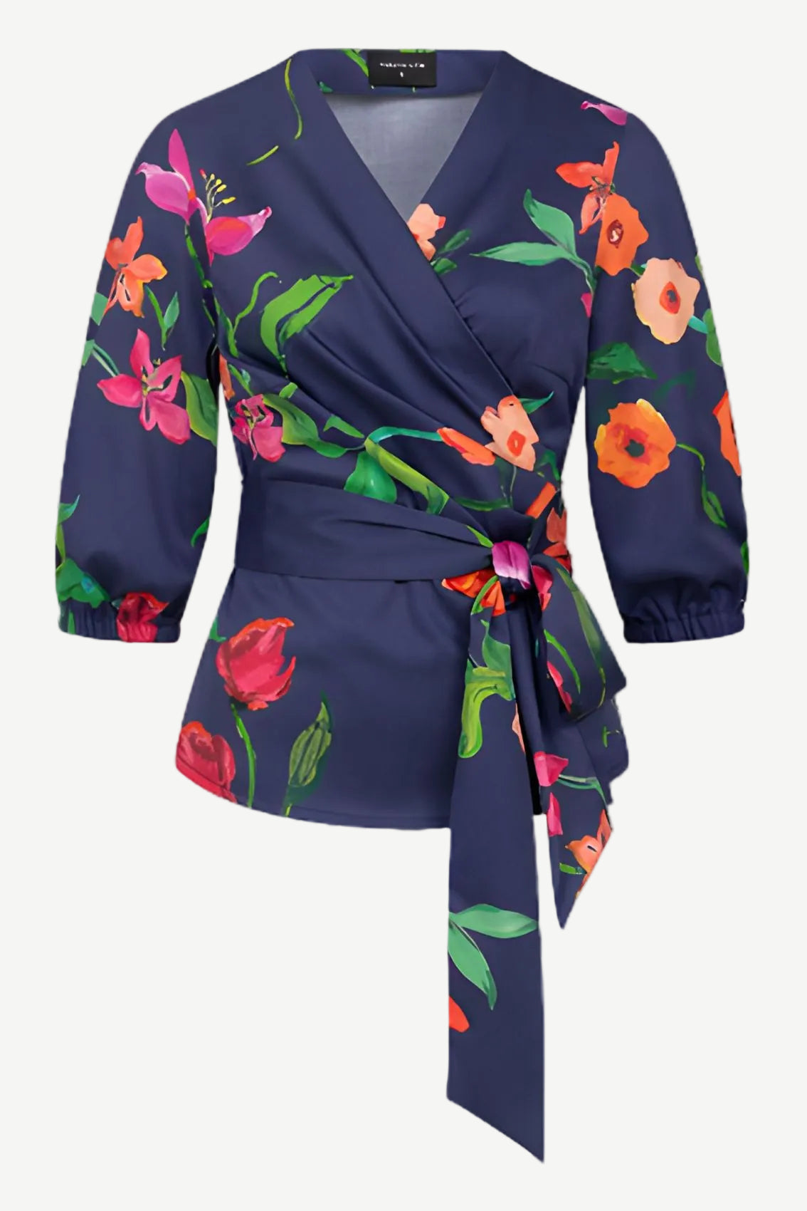 Dunkelblaues Wickeloberteil mit floralem Print und seitlichem Bindegürtel
