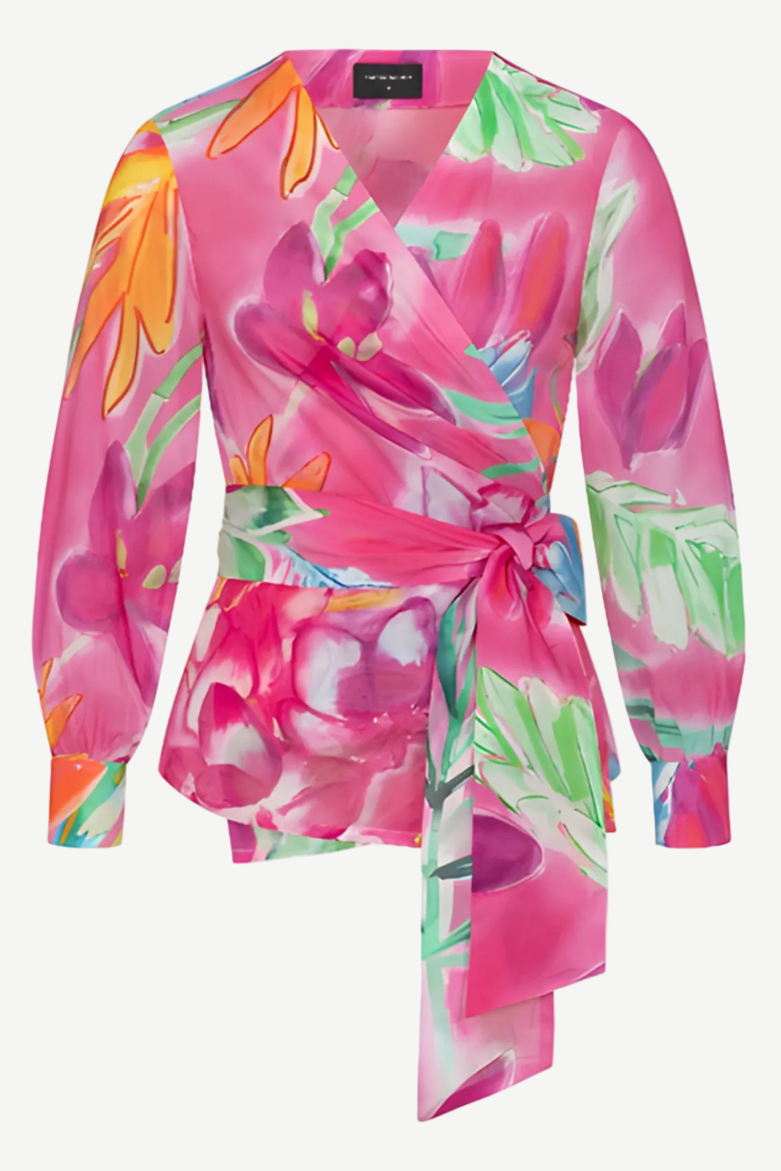Pinkes Wickeloberteil mit V-Ausschnitt, langen Ärmeln und Aquarell-Blumenprint, Frontansicht.