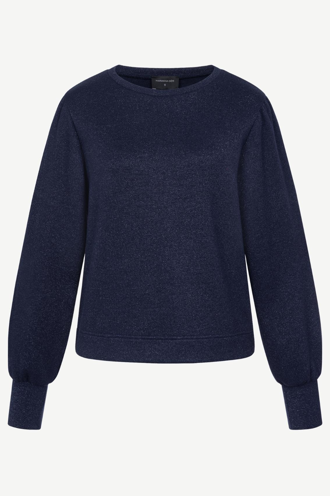 Glitzer-Strickpullover in Navy mit Rundhalsausschnitt, leichten Puffärmeln und hohen Manschetten, Frontansicht.