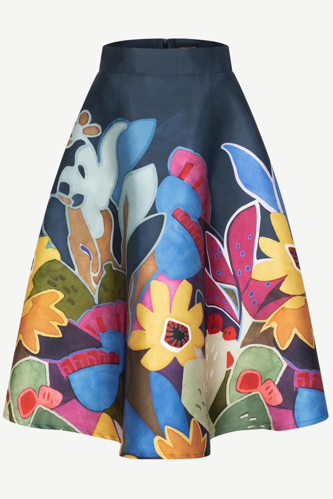 Midirock Abstrakter Blütenprint in Navy, schwingende A-Linie mit Seitentaschen, Frontansicht.