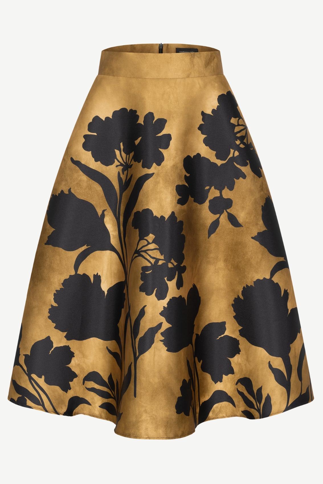 Midirock Blüten-Scherenschnitt-Print in Gold, schwingende A-Linie mit Seitentaschen, Frontansicht.