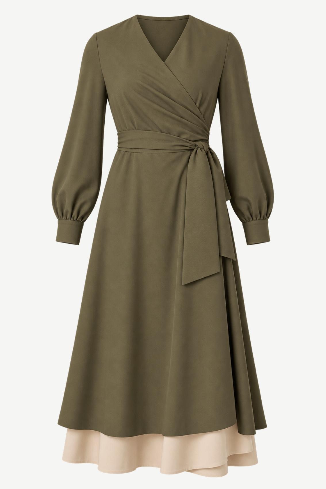 Wickelkleid Olive-Sand mit Bindegürtel, Ballonärmeln und sichtbarem Unterrock, Frontansicht.