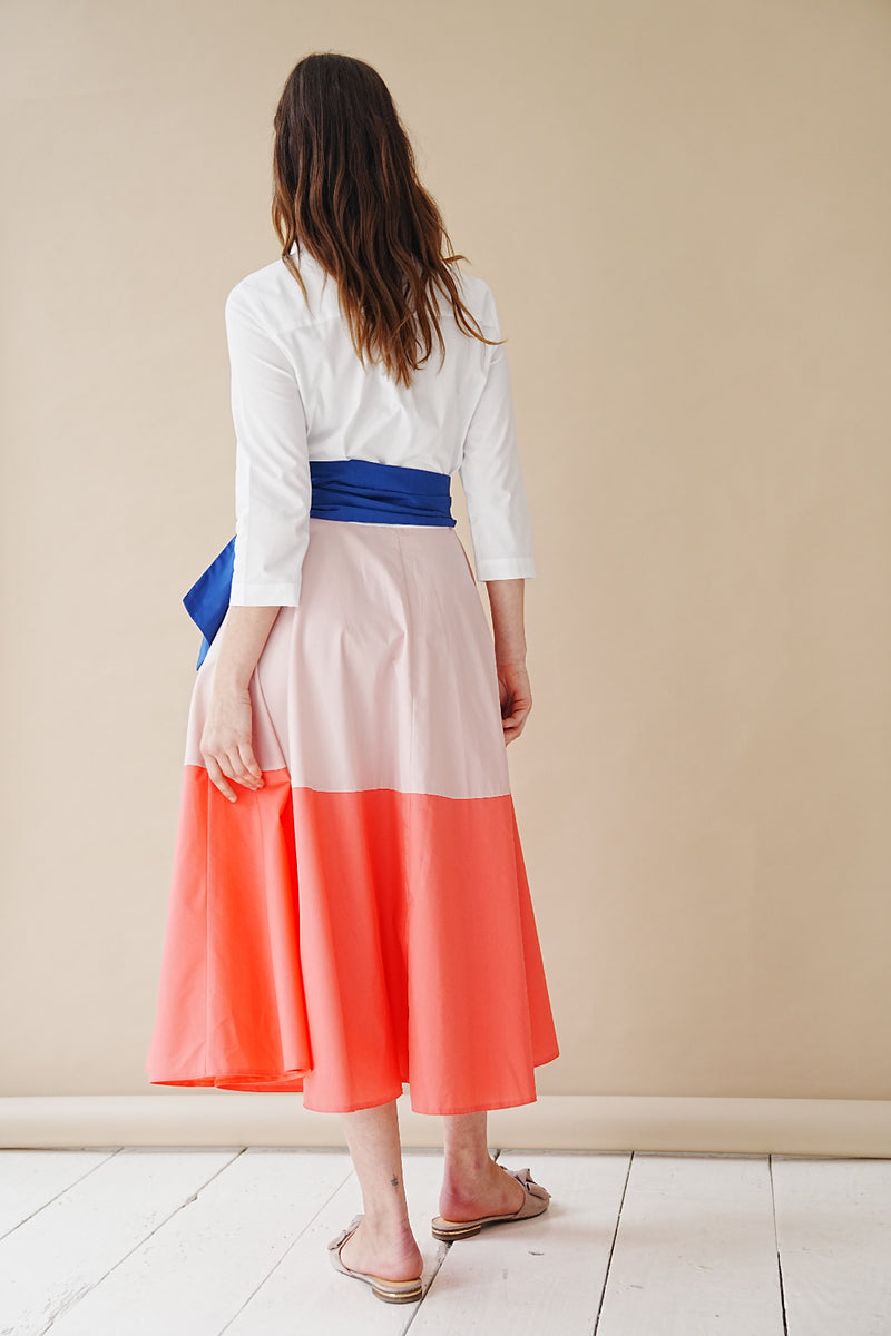Blusenkleid mit Bindegürtel Colorblock Rosé-Lachs