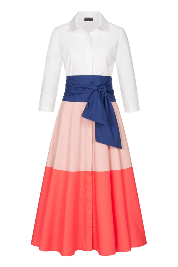 Blusenkleid mit Bindegürtel Colorblock Rosé-Lachs