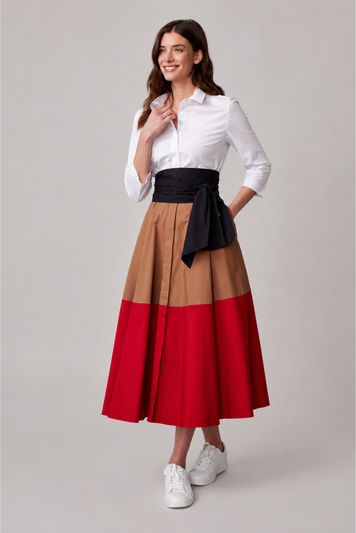 Blusenkleid mit Bindegürtel Colorblock Karamel-Rot