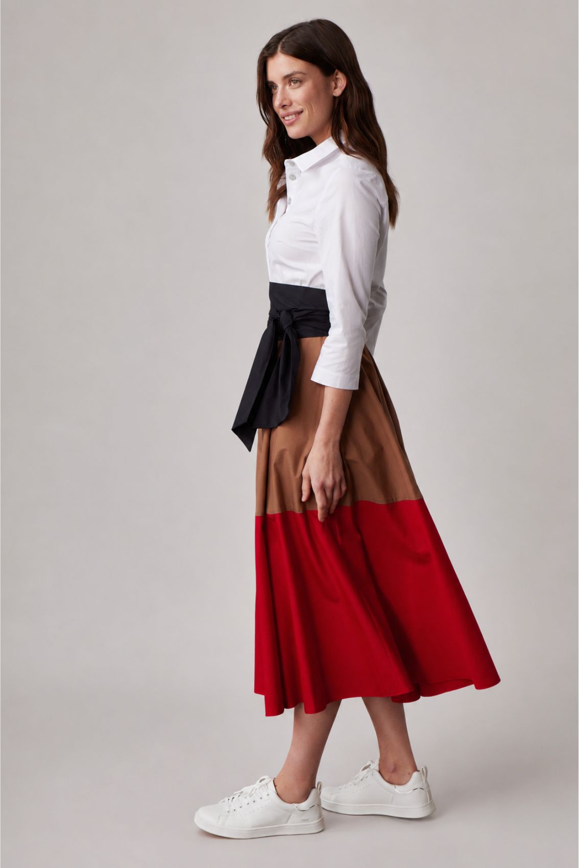 Caramel-Red Colorblock Shirtdress With Tie Belt