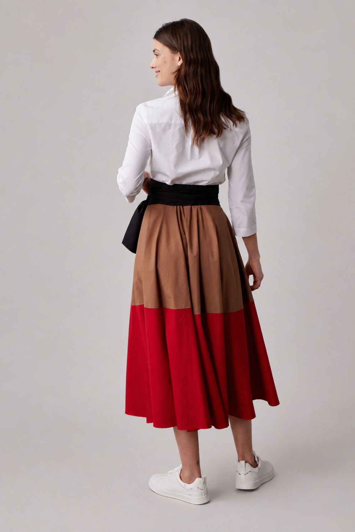 Caramel-Red Colorblock Shirtdress With Tie Belt