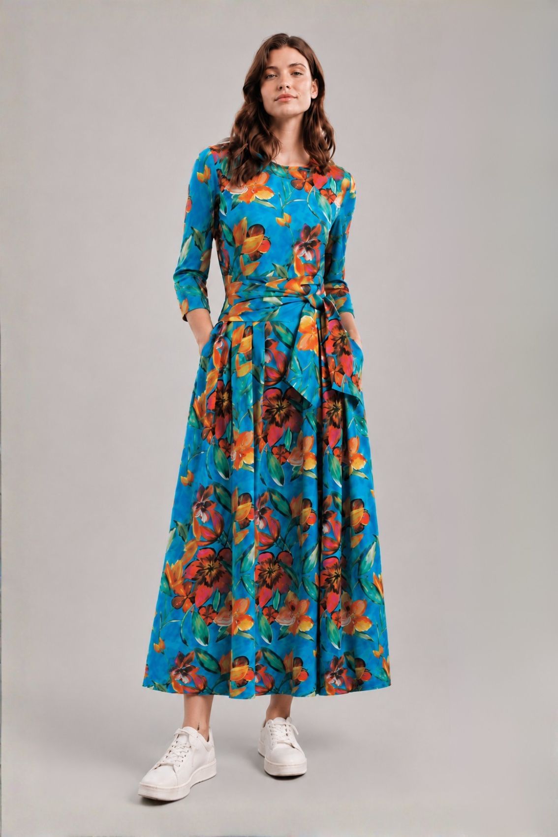 Floral Print Maxi Dress with Detachable Wide Belt