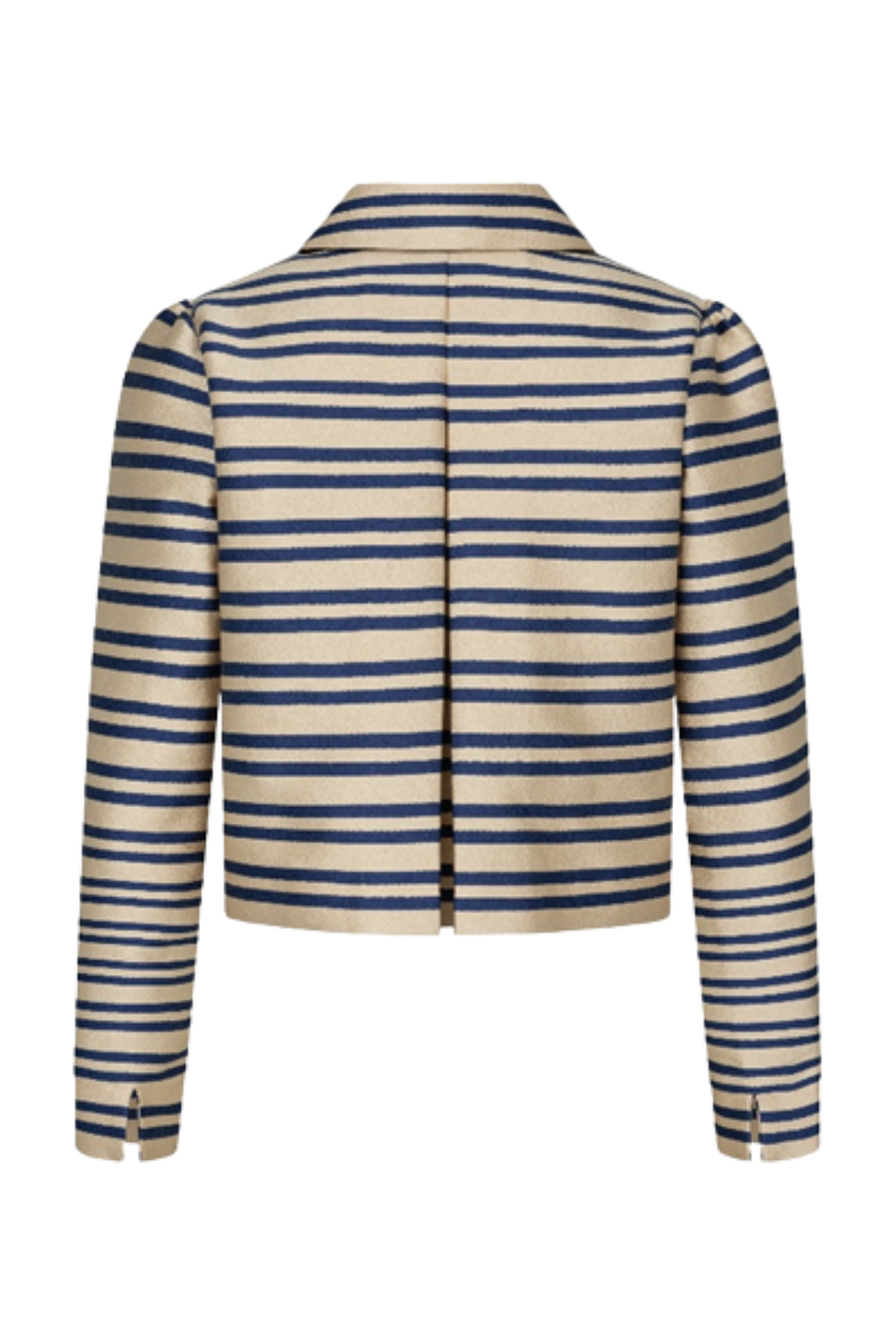 Kurzjacke mit Streifen Gold-Blau, Rückenansicht mit Kellerfalte und cropped Saum.

Bild 3 (Model; Ganzkörper 3/4) → Model trägt gold-blau gestreifte Kurzjacke, cropped Länge, kombiniert mit High-Waist Hose.

Bild 4 (Model; Seite) → Model trägt Kurzjacke mit Streifen Gold-Blau, Seitenansicht mit geradem, lockerem Fall.

Bild 5 (Model; Rücken) → Model trägt gold-blau gestreifte Kurzjacke, Rückenansicht mit Kellerfalte und Kragen.