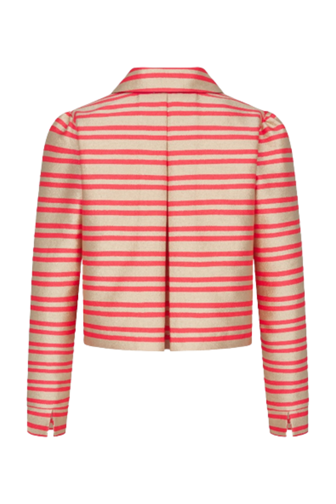 Gold-orange gestreifte Kurzjacke, Rückenansicht mit Kellerfalte und geradem, cropped Schnitt.