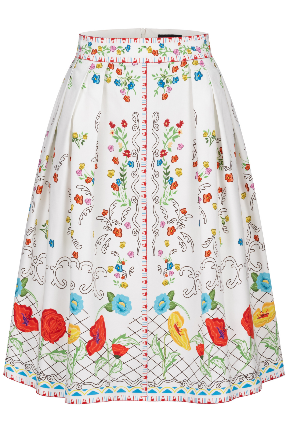 Midirock mit Blumenprint mit tailliertem Bund und Seitentaschen, Frontansicht.